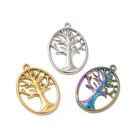 Ion Plating(IP) 304 Stainless Steel Pendants, Oval with Tree of Life Charm