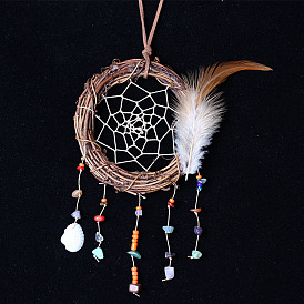Mixed Gemstone Woven Net/Web with Feather with Iron Pendants Decoration, Home Craft Wall Hanging, Car Feather Pendant