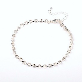 Silver Color Plated Brass Rhinestone Cup Chain Ankle, with Brass Lobster Claw Clasps and Brass End Piece, 220mm