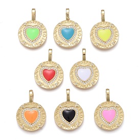Valentine's Day Brass Micro Pave Cubic Zirconia Pendants, with Enamel, Long-Lasting Plated, Real 18K Gold Plated, Flat Round with Heart