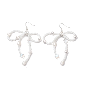 Natural Cultured Freshwater Pearl & Glass Beads Dangle Earring, Bowknot & Star Brass Earrings for Women
