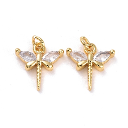 Brass Micro Pave Cubic Zirconia Pendants, Real 18K Gold Plated, Lead Free & Cadmium Free, Dragonfly