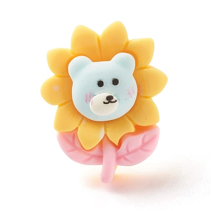 Flower with Bear Resin Adjustable Ring, Brass Jewelry for Women
