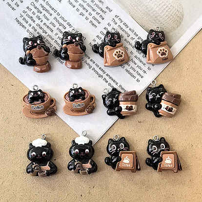 Подвески из непрозрачной смолы на кофейную тематику, кошачье очарование, с платиново-железными петлями