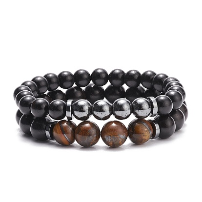 2Pcs 2 Style Natural Wood & Tiger Eye & Synthetic Hematite Beaded Stretch Bracelets Set, Gemstone Yoga Jewelry for Women
