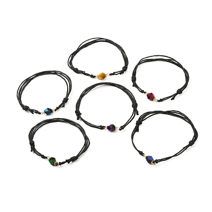 Adjustable Natural Faceted Tiger Eye Braided Bracelets, with Tibetan Style Alloy Spacer Beads & Waxed Cotton Cord