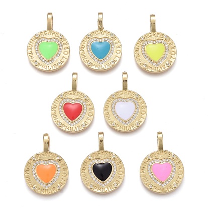 Valentine's Day Brass Micro Pave Cubic Zirconia Pendants, with Enamel, Long-Lasting Plated, Real 18K Gold Plated, Flat Round with Heart