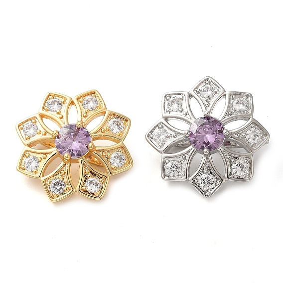 Латунное микропейв, прозрачный кубический цирконий, складные застежки, без кадмия, без никеля и без свинца, цветок, фиолетовые