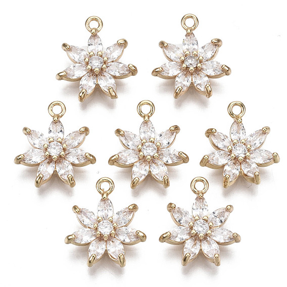 Brass Micro Pave Cubic Zirconia Pendants, Flower, Long-Lasting Plated, Light Gold