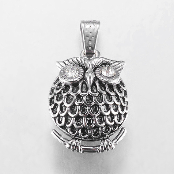 304 Stainless Steel Pendants, with Cubic Zirconia, Owl, for Halloween, Antique Silver Metal Color, 32x23x14mm, Hole: 9x5mm