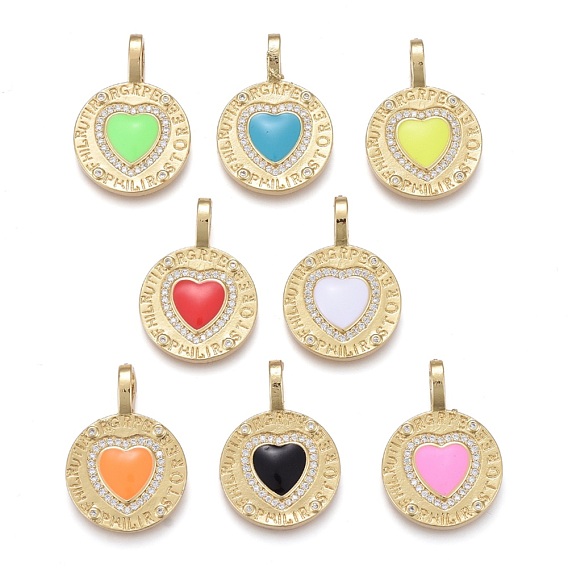 Valentinstag Messing Micro Pave Zirkonia Anhänger, mit Emaille, langlebig überzogen, golden, flach rund mit Herz