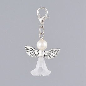 Deoración de colgante de ángel de perla de cristal, con granos de acrílico, Abalorios de aleación, pasador de cabeza plana de hierro, Ganchos de aleación de zinc de langosta garra, sin cadmio y níque y plomo