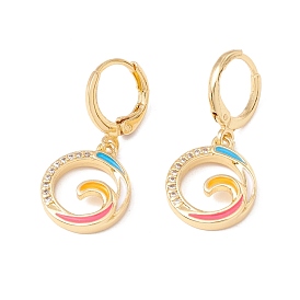Enamel Flat Round Dangle Leverback Earrings with Clear Cubic Zirconia, Real 18K Gold Plated Brass Drop Earrings, Lead Free & Cadmium Free