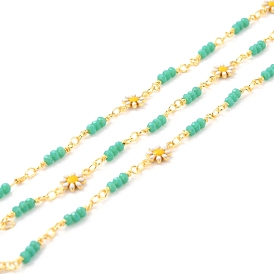 Handmade Brass Link Chains, with Faceted Glass Beads, Long-Lasting Plated, Soldered, with Spool, Flower with Enamel, Golden