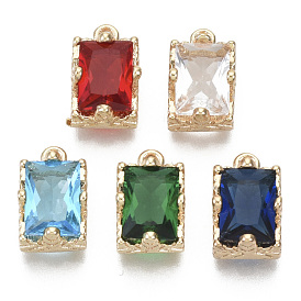 Glass Rhinestone Pendants, with Light Gold Plated Brass Claw Open Back Settings, Rectangle, Faceted