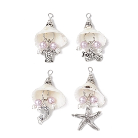 4 шт 4 стили натуральные спиральные ракушки большие подвески, Подвески из сплава океанических животных с акриловыми бусинами под жемчуг и фурнитурой из нержавеющей стали, античное серебро