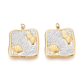 304 подвески из нержавеющей стали и полимерной глины с кристаллами и стразами, квадрат в форме ракушки, с целью перехода в кольце, ионное покрытие (ip), реальный 18 k позолоченный