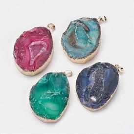 Natural & Dyed Druzy Agate Pendants, with Golden Plated Brass Findings, Nuggets