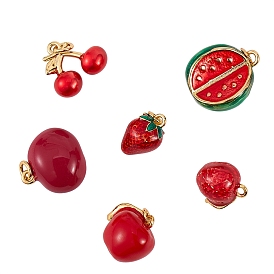 6Pcs 6 Style Brass Enamel Charms, Long-Lasting Plated, Fruit, Red, Pomegranate & Apple & Strawberry & Cherry & Watermelon