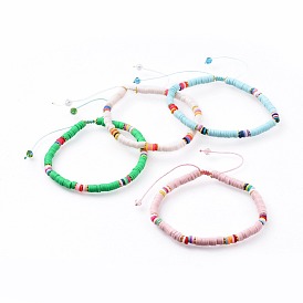 Adjustable Handmade Polymer Clay Braided Bead Bracelets, with Nylon Thread and Glass Beads
