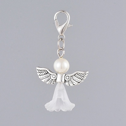 Deoración de colgante de ángel de perla de cristal, con granos de acrílico, Abalorios de aleación, pasador de cabeza plana de hierro, Ganchos de aleación de zinc de langosta garra, sin cadmio y níque y plomo