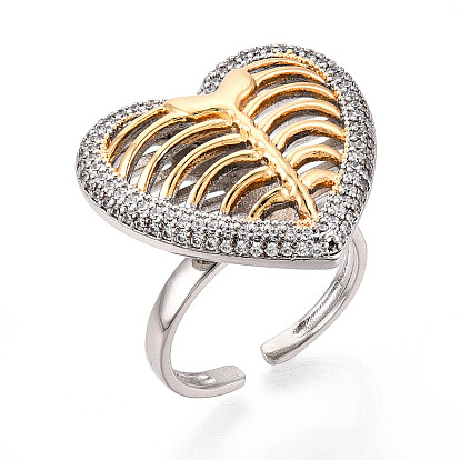 Латунные микропаве кубические цирконии регулируемые открытые манжеты кольца для женщин, без кадмия и без свинца, сердце