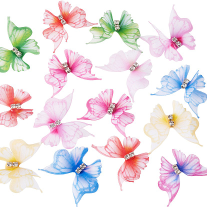 56шт. 8цвета тканевые аксессуары в виде бабочек, с акриловыми стразами