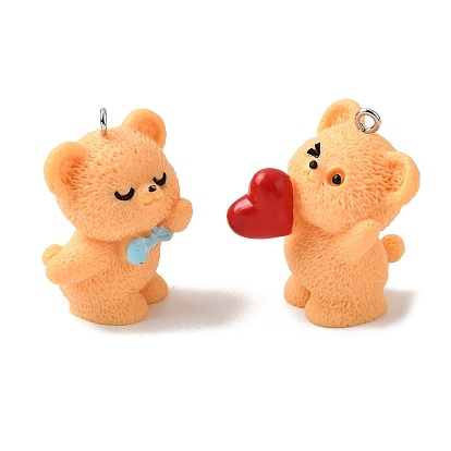 Valentine's Day Opaque Resin Pendants, Bear Charms, with Platinum Tone Iron Loops