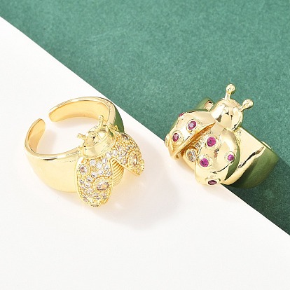 Женские кольца-манжеты с божьей коровкой и микропаве из кубического циркония из латуни, стойки покрытие, долговечный, без свинца и без кадмия, реальный 18 k позолоченный