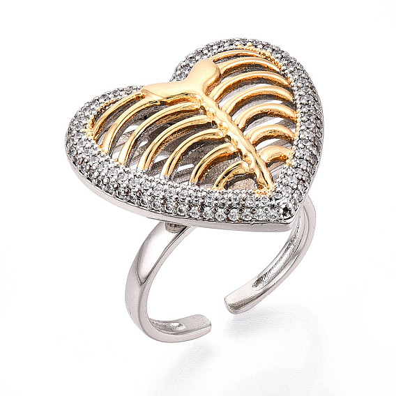 Латунные микропаве кубические цирконии регулируемые открытые манжеты кольца для женщин, без кадмия и без свинца, сердце