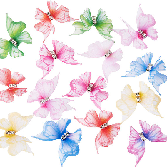 56шт. 8цвета тканевые аксессуары в виде бабочек, с акриловыми стразами