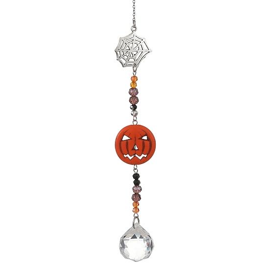 Halloween Pumpkin Synthetic Turquoise & Alloy Spider Web Suncatcher, Glass Round Pendant Prism Crystal Window Hanging Ornament for Home Garden Decor