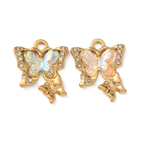 304 Подвески из нержавеющей стали со стразами и акрилом, бабочки прелести, золотые
