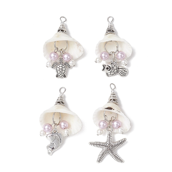 4 шт 4 стили натуральные спиральные ракушки большие подвески, Подвески из сплава океанических животных с акриловыми бусинами под жемчуг и фурнитурой из нержавеющей стали, античное серебро