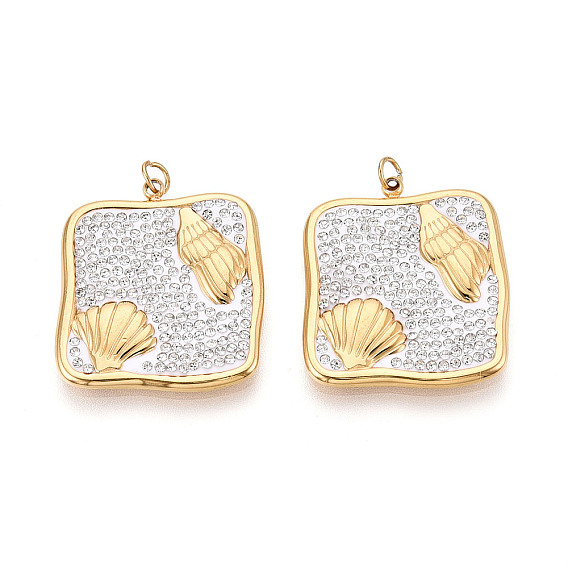 304 подвески из нержавеющей стали и полимерной глины с кристаллами и стразами, квадрат в форме ракушки, с целью перехода в кольце, ионное покрытие (ip), реальный 18 k позолоченный