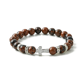 Cross Brass Micro Pave Clear Cubic Zirconia & Round Natural Mahogany Obsidian Beaded Stretch Bracelets for Women