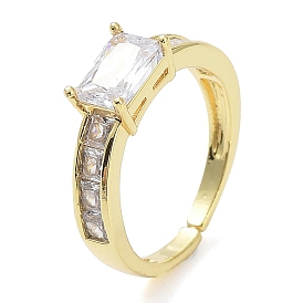 Brass Micro Pave Cubic Zirconia Rings, Long-Lasting Plated, Real 18K Gold Plated, Cadmium Free & Lead Free, Rectangle
