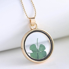 Glass with Dried Clover Floating Pendant Necklace, Alloy Living Memory Locket Pendant Necklace for Women