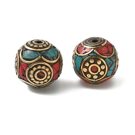 Ручной тибетском стиле бисера, круглые, Латунные бусины, с синтетическими бирюзовый