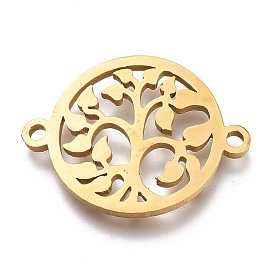 304 Stainless Steel Hollow Links Connectors, Laser Cut, Flat Round with Tree