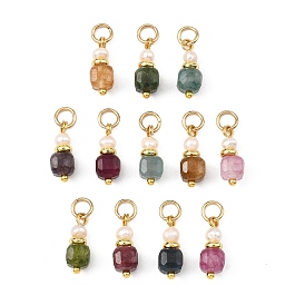 Natural Multicolor Tourmaline and Pearl Beaded Pendants, Faceted Cube Charms with Brass Loops