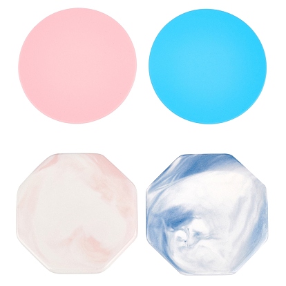 2Pcs 2 Colors Flat Round Silicone Cup Mat, with 2Pcs 2 Colors Octagon Marble Pattern Porcelain Cup Coasters