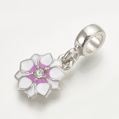 Alloy Enamel European Dangle Charms, with Rhinestones, Large Hole Pendants, Flower