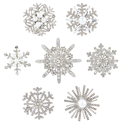 7 шт. 7 стили снежинки, сплав, стразы, значки на лацкан, с абс пластмассовыми жемчужными бисером