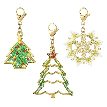 3 шт. рождественские тематические стеклянные подвески из семян и сплава, с 304 из нержавеющей стали Lobster Claw застежками, снежинка и новогодняя елка
