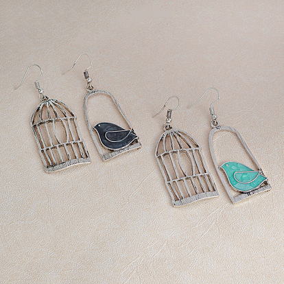Asymmetric Birdcage Earrings with Three-Color Birds: Trendy and Fashionable Street Style Jewelry