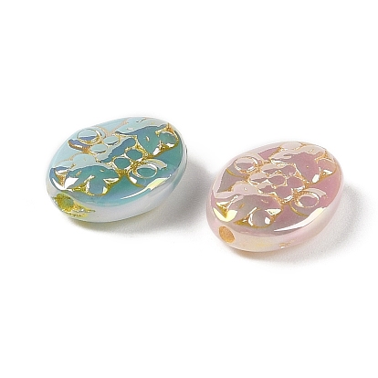 Métal enlacée perles acryliques, iridescent, ovale avec motif de fleurs