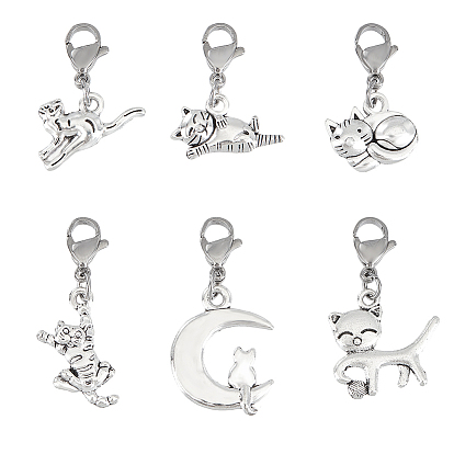 60 шт 6 стили кошачий сплав подвесные украшения, с 304 из нержавеющей стали Lobster Claw застежками