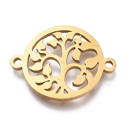 304 Stainless Steel Hollow Links Connectors, Laser Cut, Flat Round with Tree