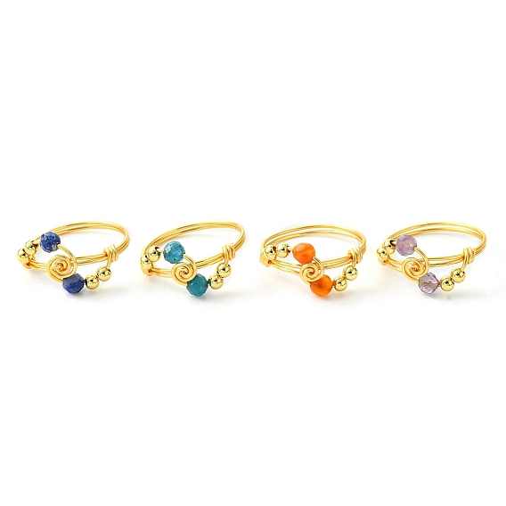 4Pcs 4 Style Natural Mixed Gemstones Braided Finger Rings, Golden Copper Wire Wrapped Rings